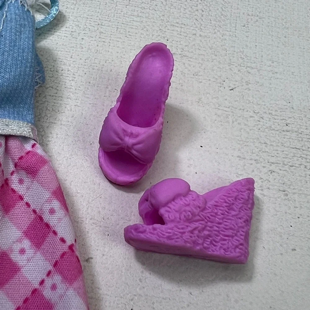 Barbie Doll Pink Gingham Dress Blue Bodice and Purple Wedge Shoes Outfit Set